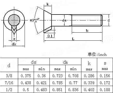 ASME B 18.9 - 2012 6号沉头带尖榫螺栓（修正头） [Table 4]  (A307, F468, F593, SAE J 429)