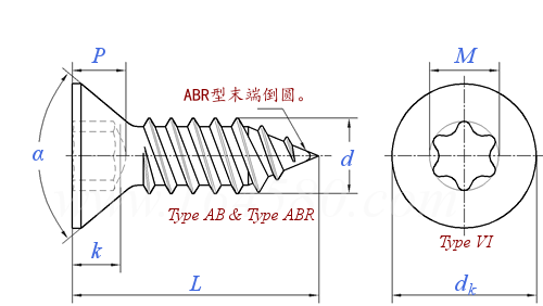 ASME  18.6.3 (T2-VI+T40) - 2013 梅花槽82°沉头 AB ABR自攻螺钉