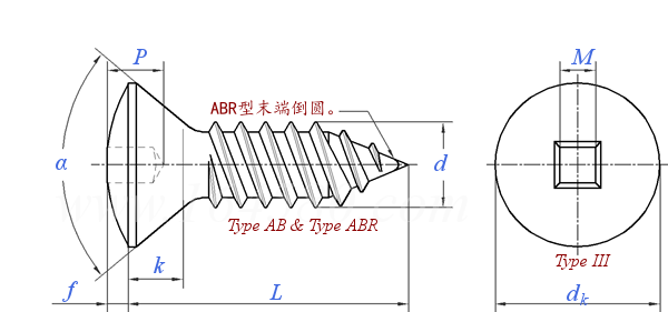 ASME B 18.6.3 (T8-III+T40) - 2013 四方槽半沉头 AB ABR自攻螺钉