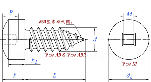 ASME B 18.6.3 (T22-III+T40) - 2013 四方槽球面圆柱头 AB ABR自攻螺钉