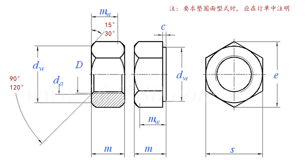 ISO  7414 - 1984 栓接结构用 - 1型大六角螺母 - 产品等级B级 - 性能等级10级