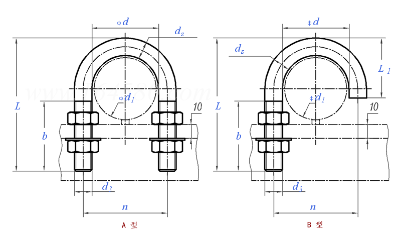 DIN 3570 - 1968 U型螺栓—用于标称直径20至500管 弓形夹