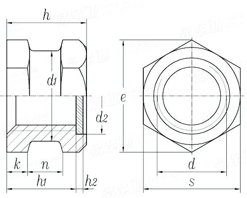 DIN  16903 (E) - 1974 六角通孔中間帶槽鑲入螺母 帶塑料密封墊 E型
