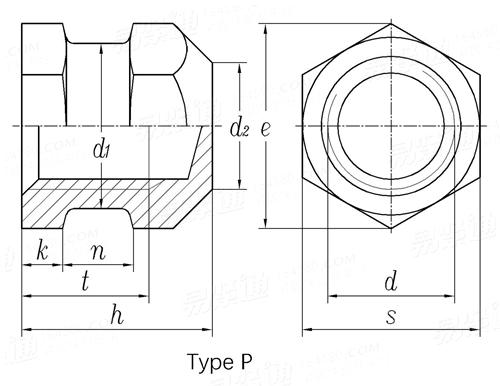 DIN  16903 (P) - 1974 六角封閉型中間帶槽鑲入螺母  P型