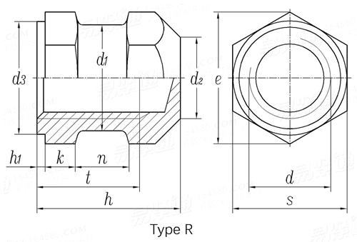 DIN  16903 (R) - 1974 六角封闭型中间带槽台阶镶入螺母 R型