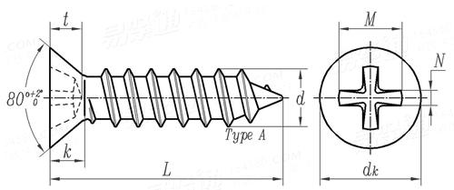 ASME B 18.6.4 - 1998 II型十字槽沉頭自攻螺釘 A型 [Table 12]