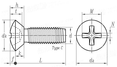 ASME B 18.6.4 - 1998 II型十字槽半沉头清根自攻螺钉 C型(统一螺纹) [Table 27]