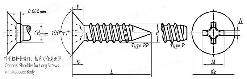 ASME B 18.6.4 - 1998 I型十字槽100°沉头自攻螺钉 B,BP型 [Table VI2]