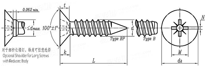 ASME B 18.6.4 - 1998 IA型米字槽100°沉頭自攻螺釘 B,BP型 [Table VI3]