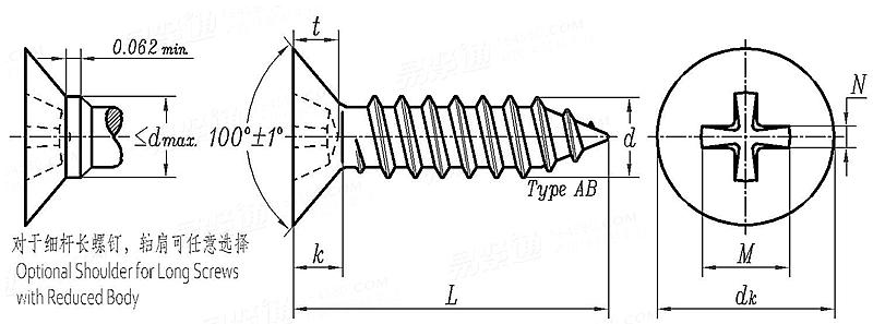 ASME B 18.6.4 - 1998 II型十字槽100°沉头自攻螺钉 AB型 [Table VI4]