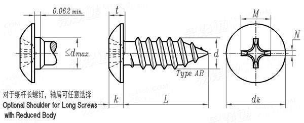 ASME B 18.6.4 - 1998 I型十字槽大扁頭自攻螺釘 AB型 [Table F2]