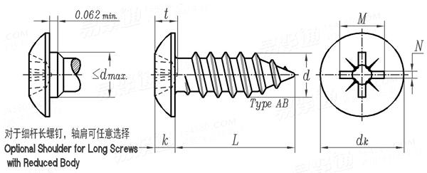 ASME B 18.6.4 - 1998 IA型米字槽大扁头自攻螺钉 AB型 [Table F3]