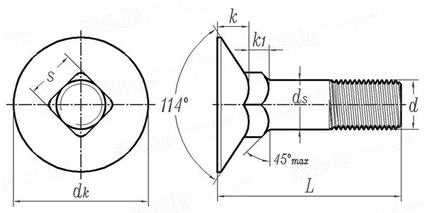 ASME/ANSI B 18.5 - 2012 英制114°沉头方颈螺栓 [Table 8] (A307, SAE J429, F468, F593)