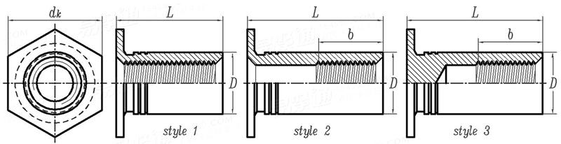 Self-Clinching  TSO TSOS TSOA TSO4 薄材(＞0.025inch 或0.63mm)用六角头压铆通孔螺柱
