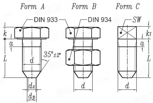 DIN  43165 - 1985 電力牽引；用于架空配件的凹端螺釘（A.六角頭螺釘，B.六角頭螺釘帶螺母，C.方頭螺釘）